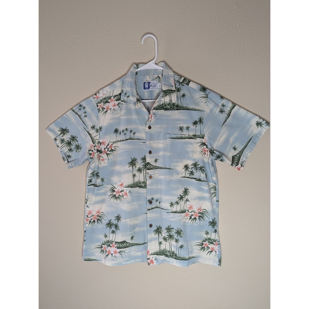 Vintage RJC Hawaii Mens Large Cotton Tropical Island Palm Tree Aloha Shirt